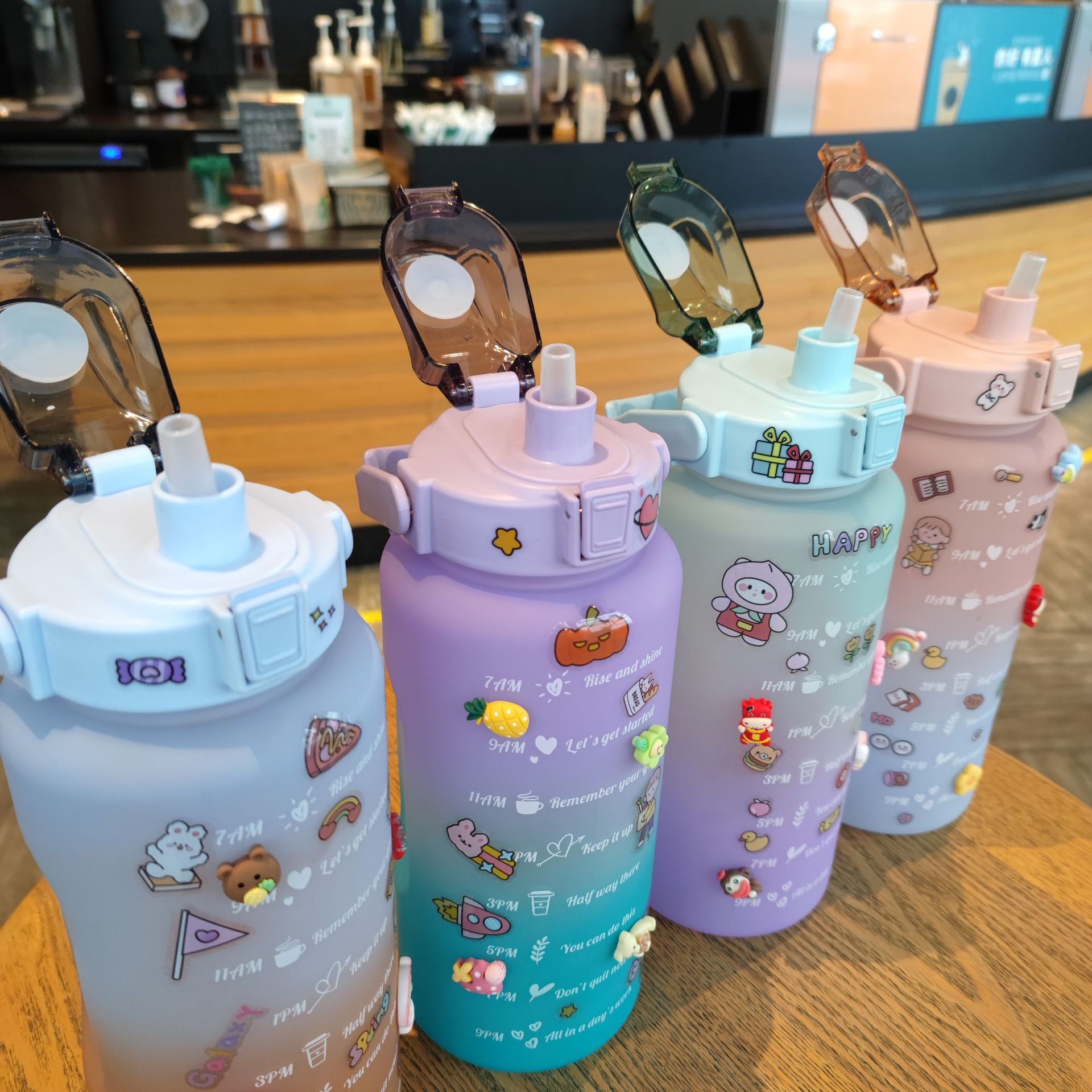 New large-capacity water bottle with gradient color, straw, sports frosted water cup, portable handle with stickers, 2000ml details Picture
