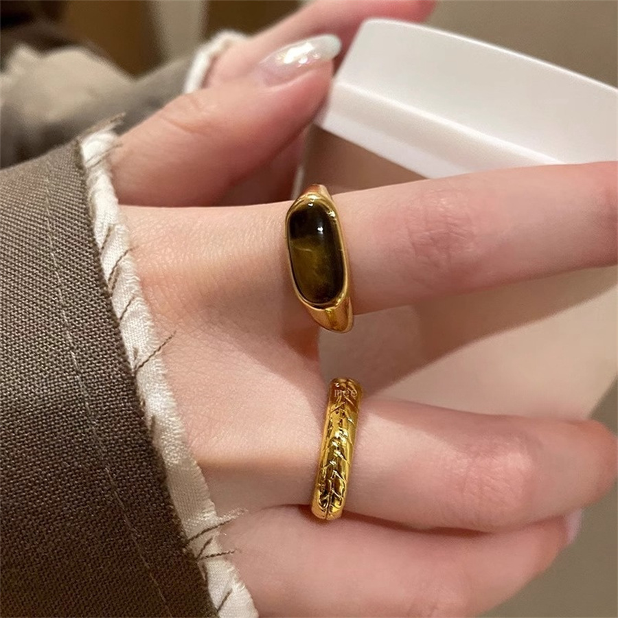 Retro golden wheat ear tiger's eye open ring, women's plain ring, index finger ring, light luxury and niche design, high-end ring Specification drawing