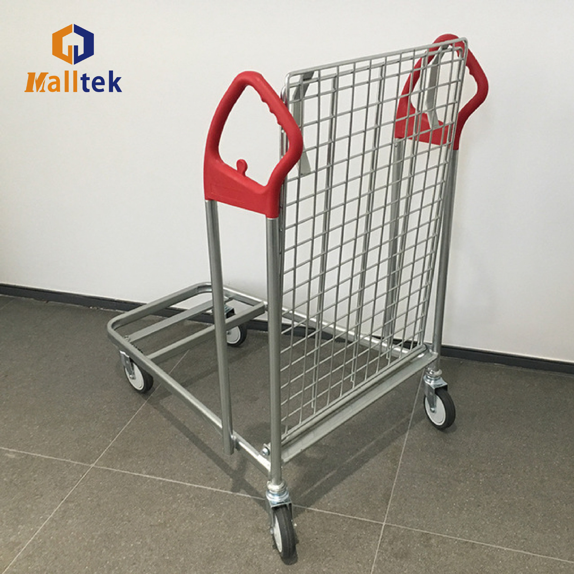 Supermarket metal picking goods flow trolley, four-wheel flat net warehouse metal sorting truck Specification drawing