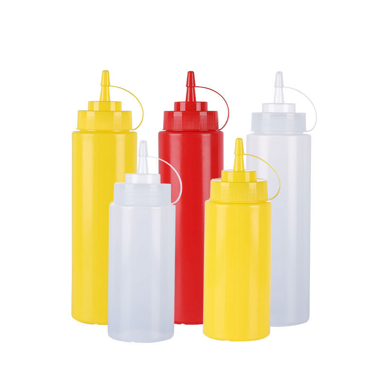 Thickened plastic extruded sauce bottle, tomato salad jam seasoning bottle, food-grade pointed spout extruded sauce bottle, three-color commercial Item Picture
