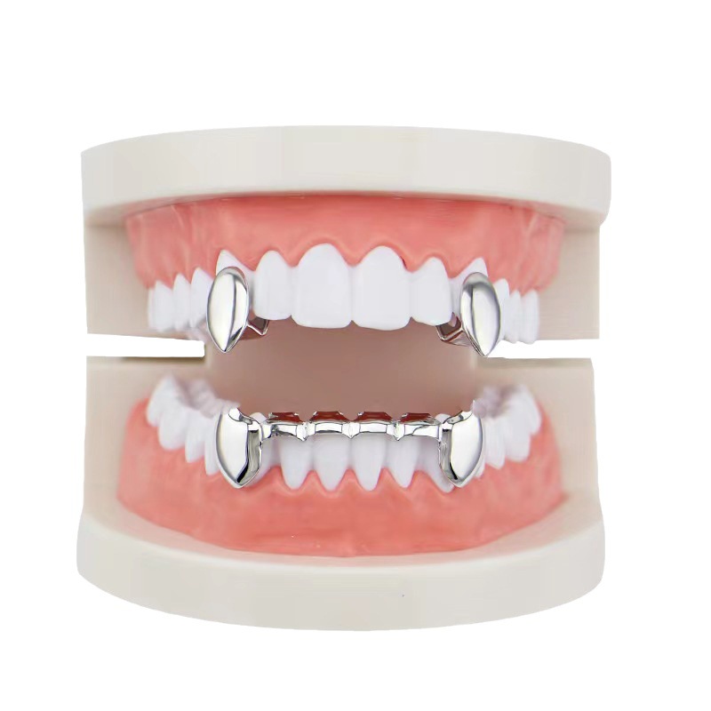European and American hiphop glossy single pointed braces, hip-hop braces, small tiger teeth, flat teeth, party decoration, gold braces Item Picture