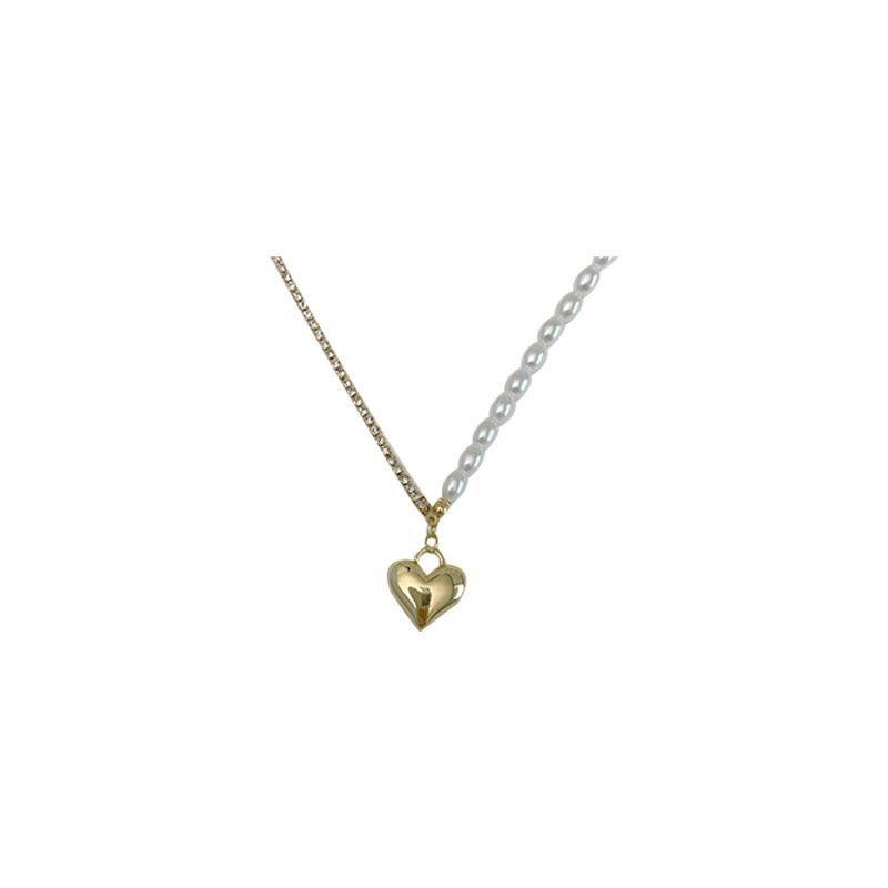 Pearl patchwork heart-shaped necklace, a unique and versatile fashion design, classic neck chain, French retro style collarbone chain Item Picture