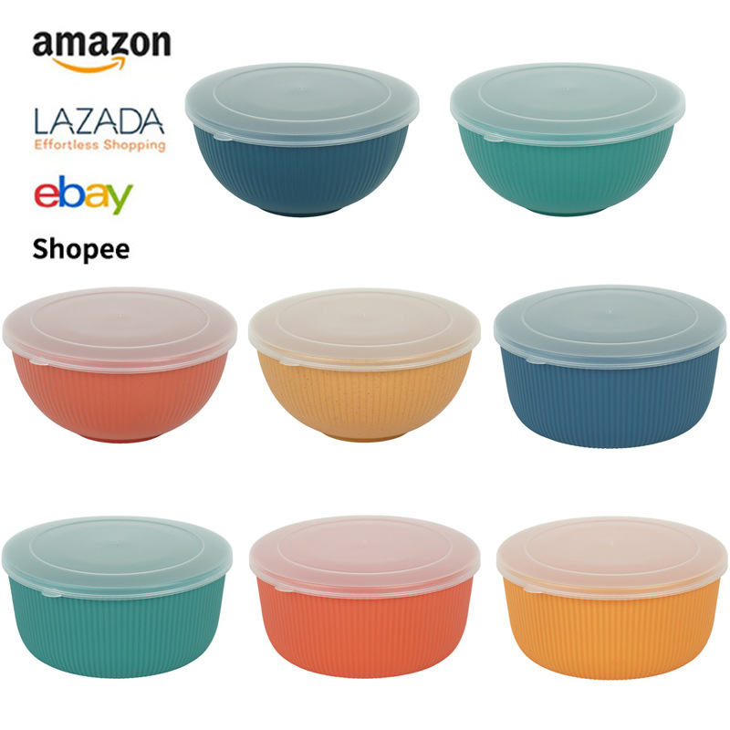 Cross-border vertical pattern 15cm plastic bowl with lid, large capacity household wheat soup bowl, student lunch, durable rice bowl wholesale full figure
