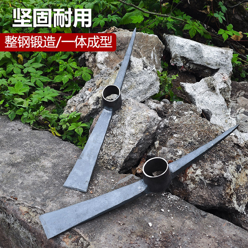 A large, thickened manganese steel pickaxe with a pointed and flat head and handle for digging piles Application Scenario
