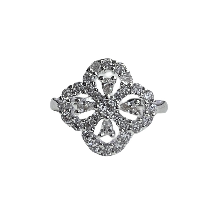 High-end, light luxury, antler full diamond open ring, sweet and cool, four-leaf clover flower, niche style, versatile ring trend Item Picture