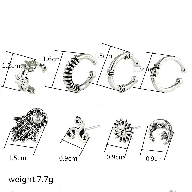 Wholesale of best-selling stud earrings, European and American Bohemian retro sun and moon earrings, eight-piece set of stud earrings details Picture