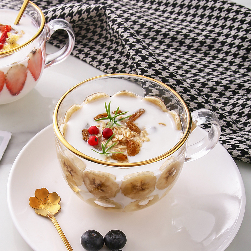 Lizun large-capacity gold-edge glass cups, breakfast cups, oatmeal cups, milk cups, coffee cups, dessert cups wholesale with logo printing details Picture