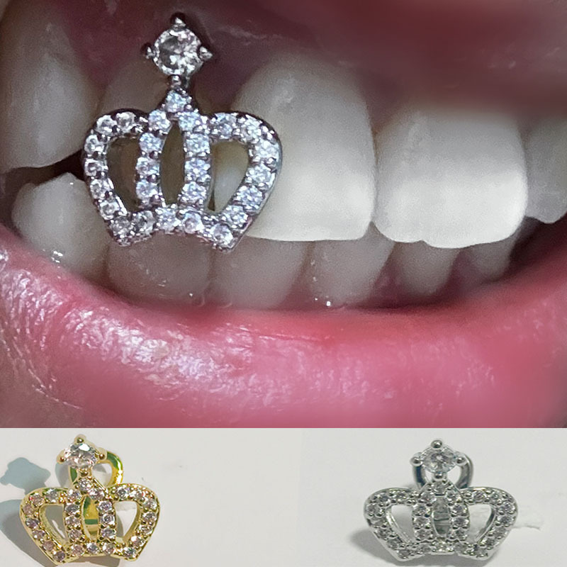 Cross-border new product creative crown copper-inlaid zircon braces single teeth hip-hop fashion personality hip-hop teeth nightclub bar full figure