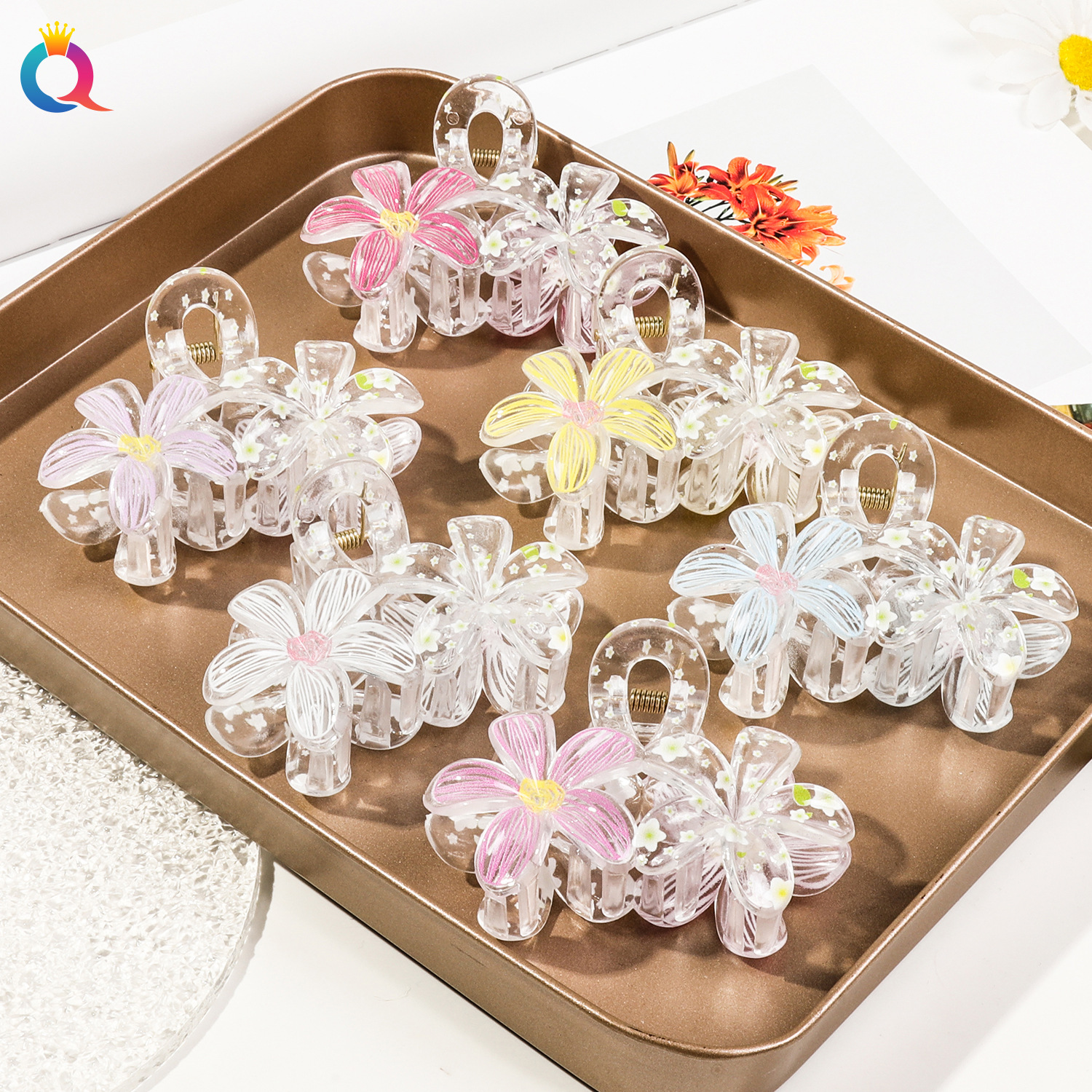 Wholesale of Qiyue's new fresh and delicate printed five-petal flower grabbler women's creative updo ponytail hairpin shark clip full figure