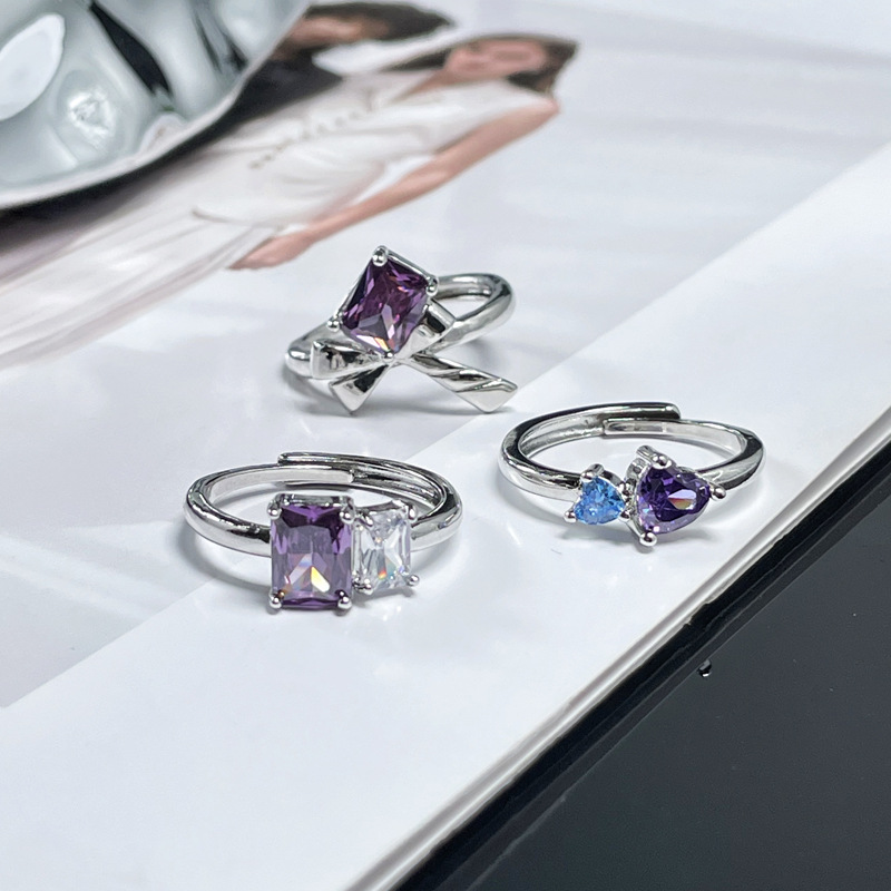 ins cold and cool style, sweet and cool purple diamond bow, simple and adjustable ring, exquisite, niche and high-end food ring for women Specification drawing