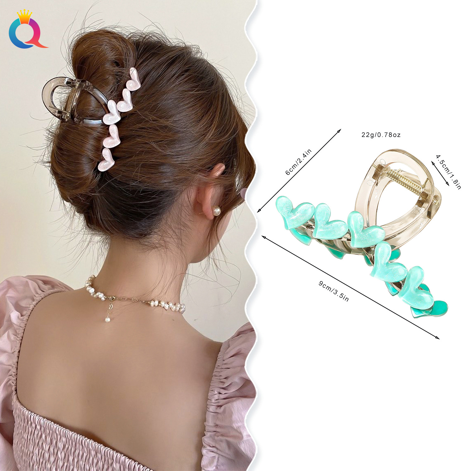 Qiyue Cross-border Fresh and Elegant heart-shaped hair clips for women, high-end back head updo hair clips, shark clips, hair accessories wholesale details Picture