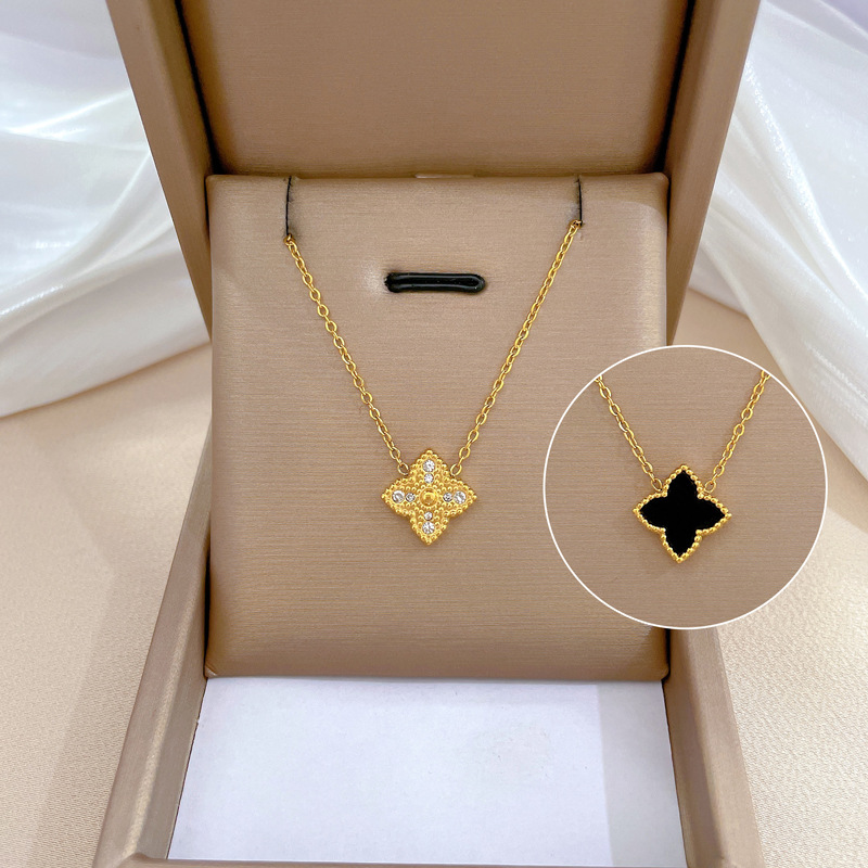 【 All-titanium Steel 】 Full diamond four-leaf flower minimalist style furnace, real gold necklace, female Instagram influencer collarbone chain accessory full figure