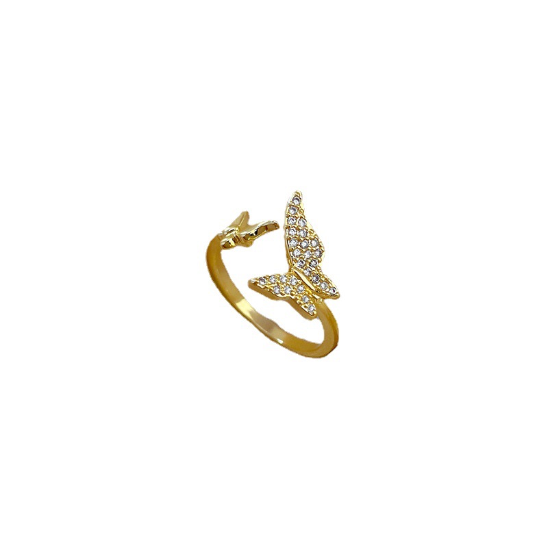 【 Real gold electroplating 】 Open butterfly female fashion micro-inlaid light luxury ring index finger ring, the same style as Internet celebrities, cold style Item Picture