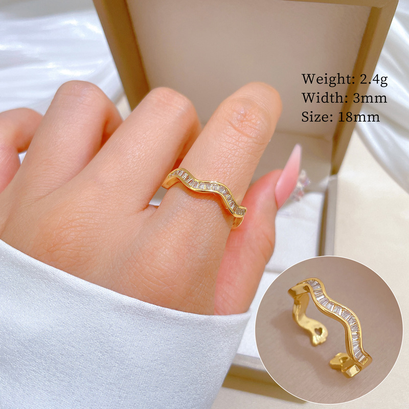【 Real Gold 】 Meandering irregular-shaped zircon ring with adjustable opening, simple Japanese-style bracelet, couple rings full figure