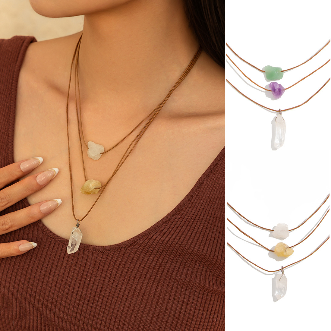 European and American cross-border jewelry vacation style stone adjustable necklace, irregular crystal pendant collarbone chain set full figure