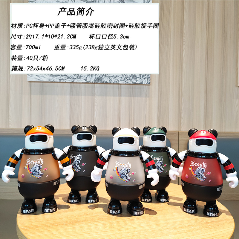 Creative internet-famous bear gradient frosted large-capacity water bottle, portable handle, cute children's straw, plastic water cup Specification drawing