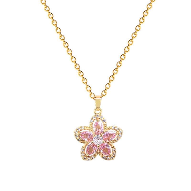 【 Titanium Steel 】 Pink five-petal flower full diamond light luxury and elegant, full diamond necklace, versatile for women, collarbone chain, titanium steel Item Picture
