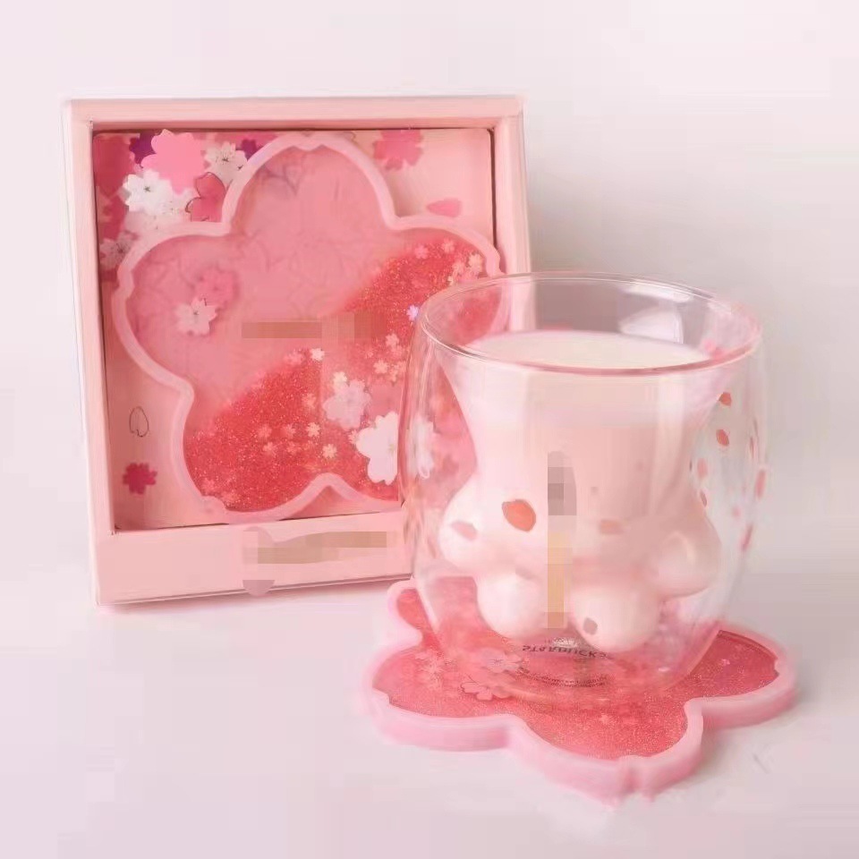 Cute cartoon cat paw cup, coffee cup, beverage cup, double-layer glass, pink cat paw explosion-proof glass cup, birthday gift details Picture