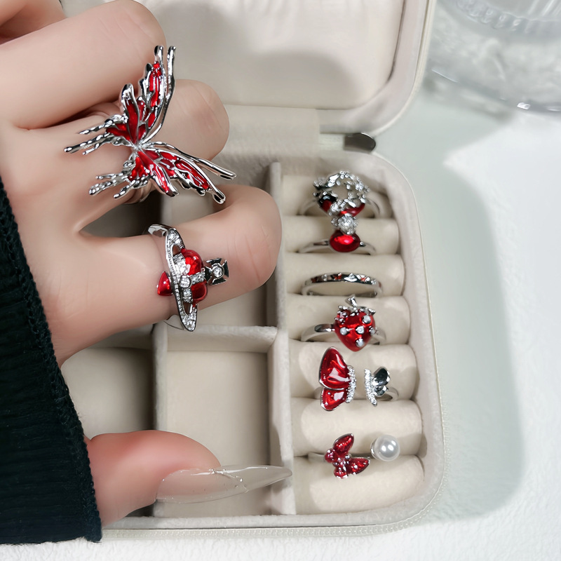 New Year's red enamel high-end butterfly drop glaze open ring for women, festive, fashionable, exquisite and elegant, trendy index finger ring details Picture