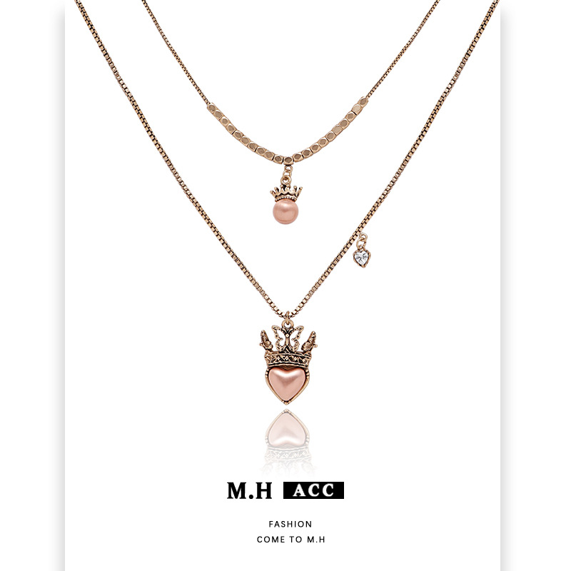 Double-layer layered necklace with a high-end, light luxury and niche crown heart-shaped collarbone chain, ins original style antique matte gold pendant Specification drawing