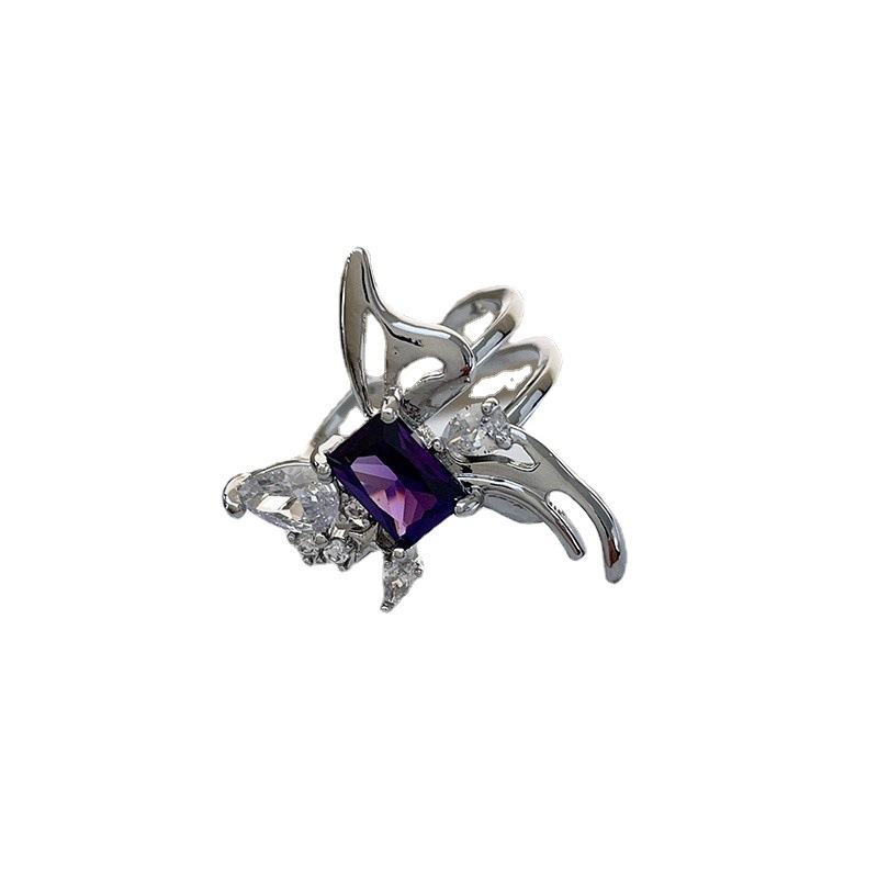 Purple zircon super flash open ring, asymmetrical liquid butterfly ring, sweet and elegant index finger ring, trendy accessory Item Picture