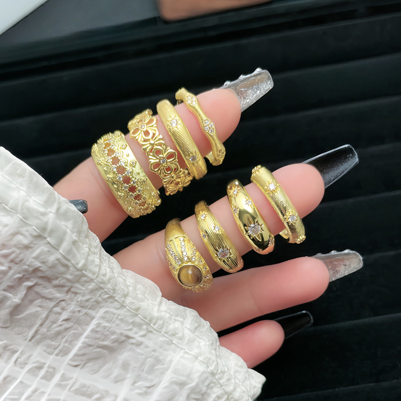Fashionable brushed and hollowed-out retro high-end texture open ring for women, wide version starlight simple and individual food ring Application Scenario