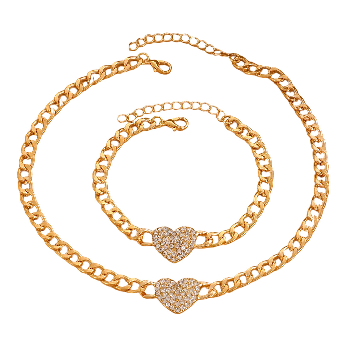 French retro fashion commuting diamond-encrusted heart-shaped bracelet necklace set for women, Korean style, full diamond heart-shaped collarbone chain Item Picture