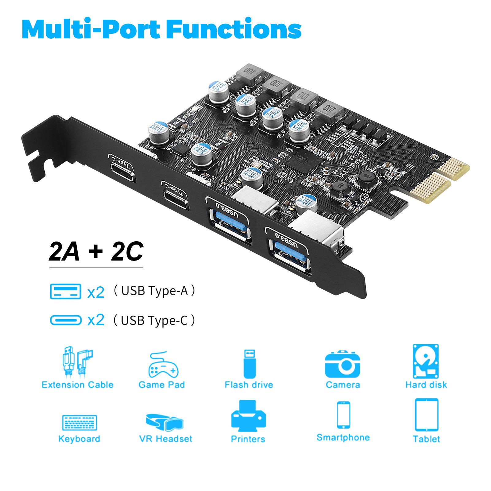 USB3.0 PCIE card: 2*USB A port +2*USB C port /USB3.2 GEN1 built-in expansion card full figure