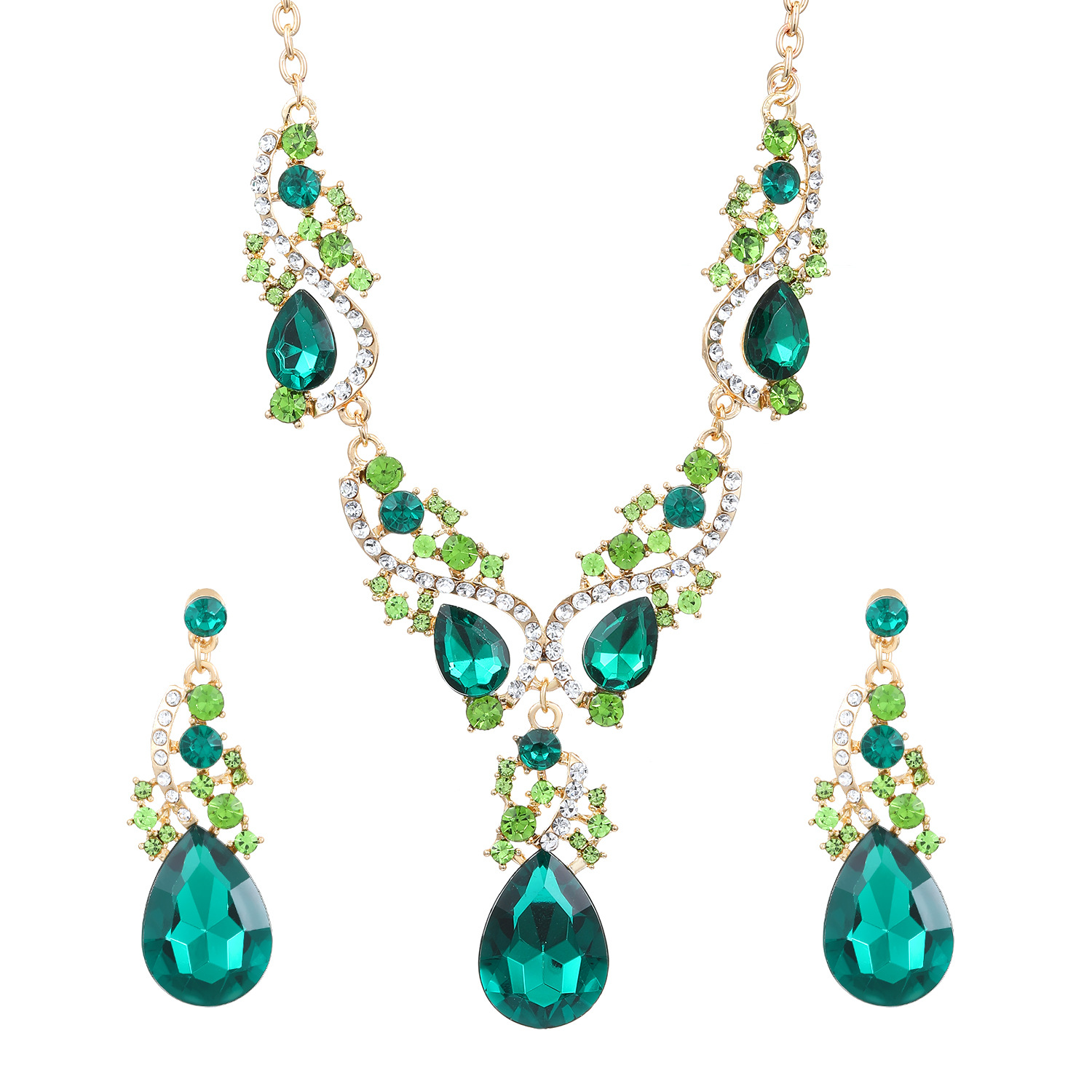 European and American exaggerated banquet emerald necklace stud set, women's high-end retro jewelry for cross-border foreign trade Item Picture