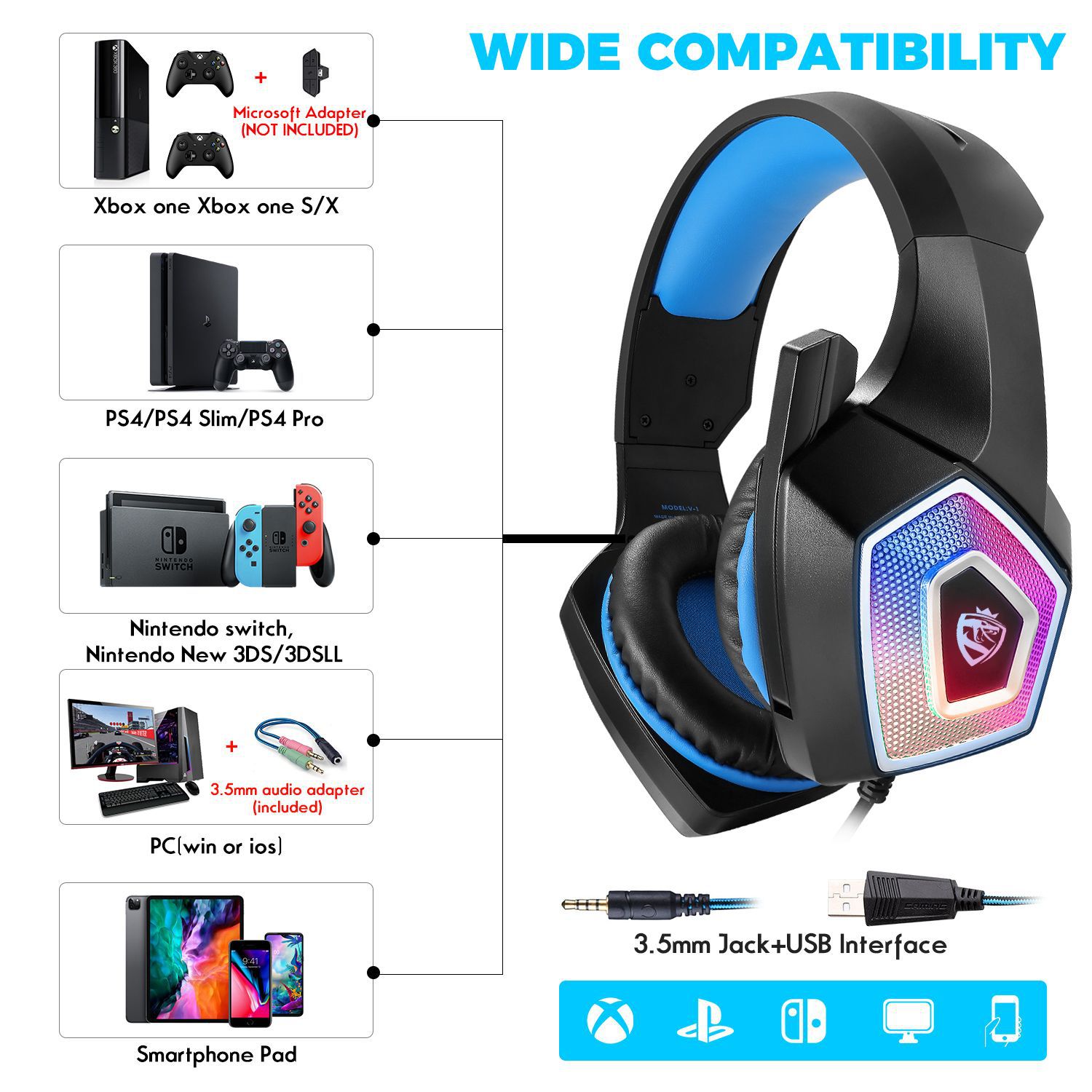 Cross-border V1 over-ear gaming headphones, RGB seven-color wired headphones, subwoofer headset, PS4 gaming PUBG Specification drawing