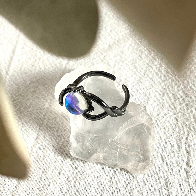 ins unique, niche, light luxury, high-end dark style moonstone open ring, cold and cool food ring for women details Picture