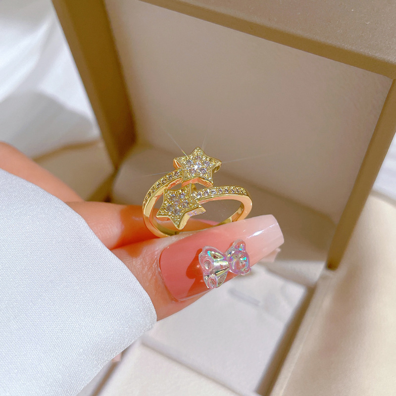 【 Real gold electroplating 】 Open five-pointed star fashionable slightly inlaid light luxury ring index finger ring, the same style as the Internet celebrity, cold style Specification drawing