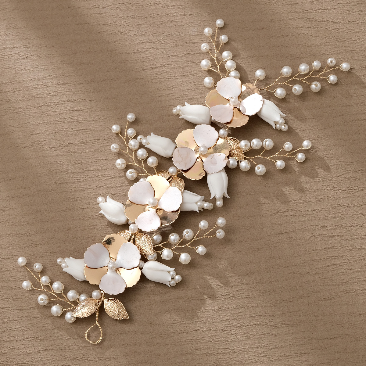 New Chinese-style bride's hair accessory, beautiful ceramic flower handcrafted headband, exquisite children's updo, thin-coated flower pearl hair band details Picture