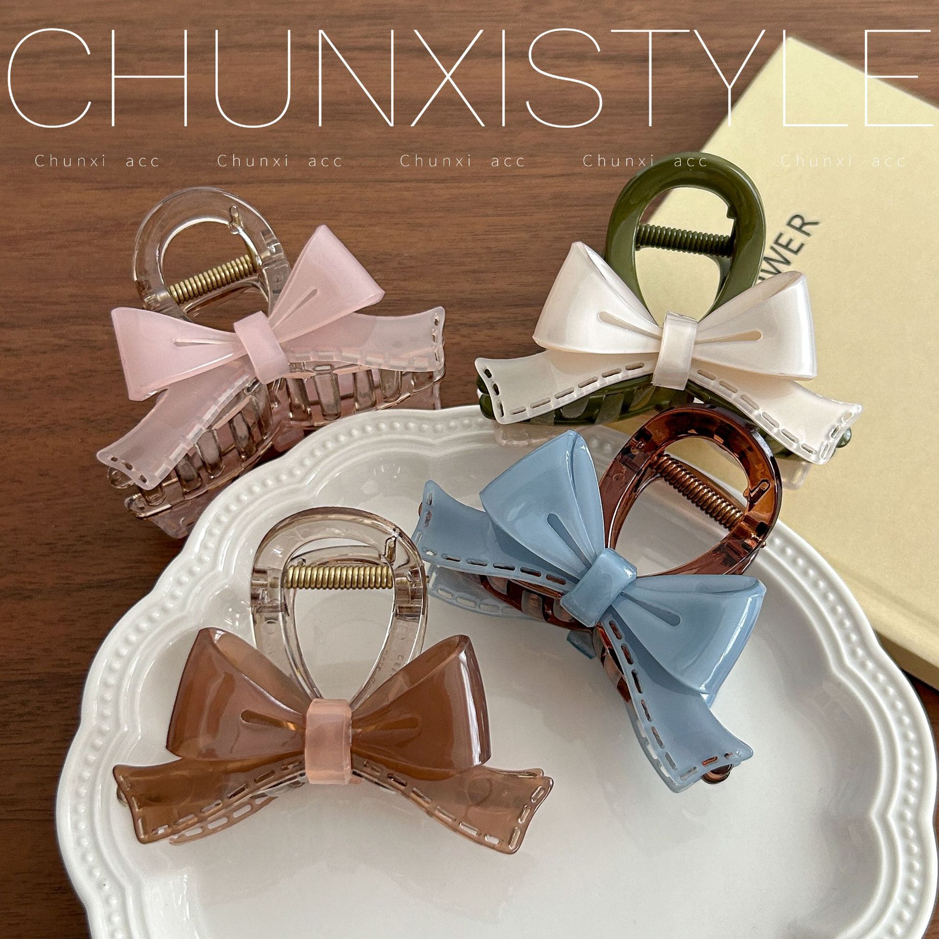 Fresh ins acetate bow clip headwear, hairpin, women's back of the head, 2024 new high-end shark clip Specification drawing