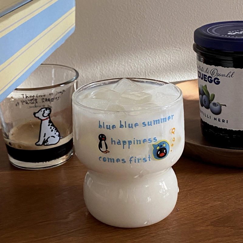 Homemade summer cute penguin Queer glass cup, niche Instagram simple tall borosilicate water cup, heat-resistant Specification drawing