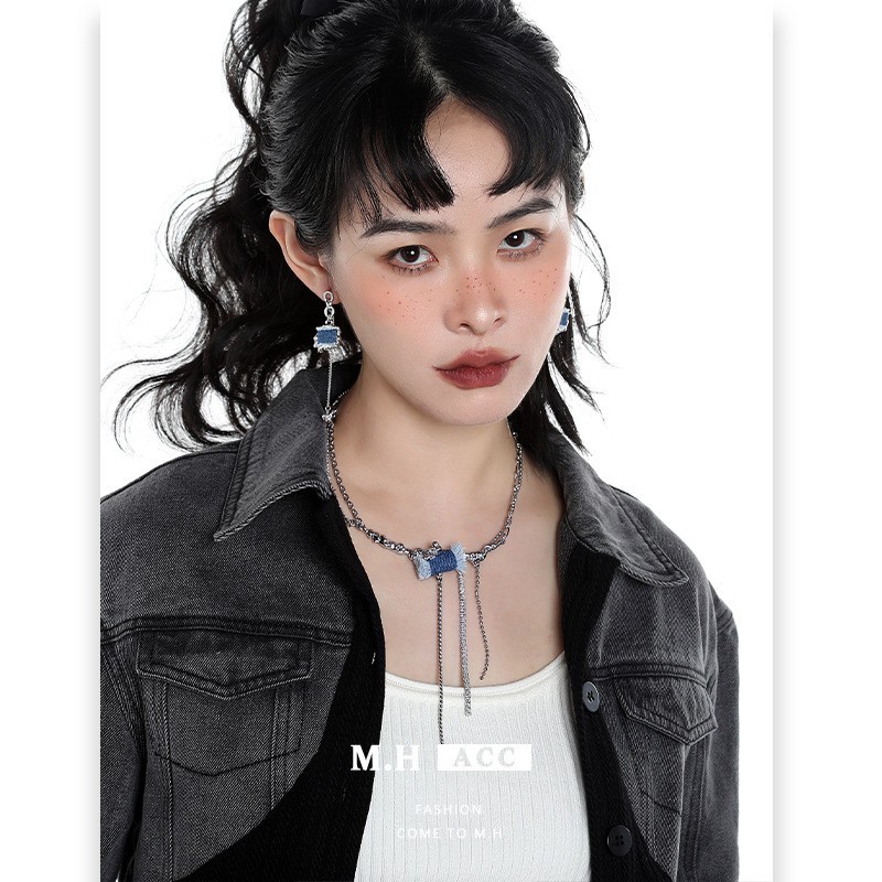 Denim tassel necklace, women's hip-hop high-end fashion sweater chain, personalized Internet celebrity design, winter wholesale necklace full figure