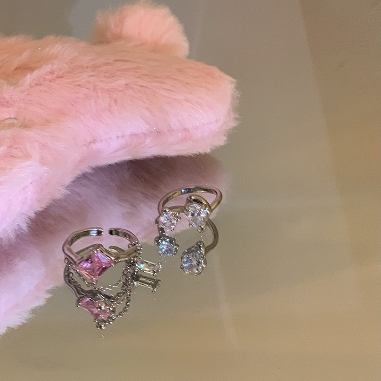Korean version pink zircon stacked geometric tassel chain opening adjustable ring, women's Instagram niche design, high-end Application Scenario