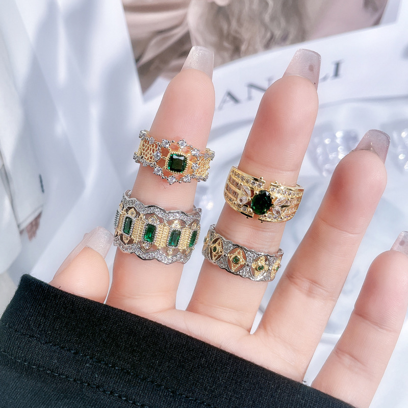 Light luxury, retro, hollowed-out and diamond-encrusted, trendy and fashionable open ring, women's lace, emerald-like full diamond texture ring Specification drawing