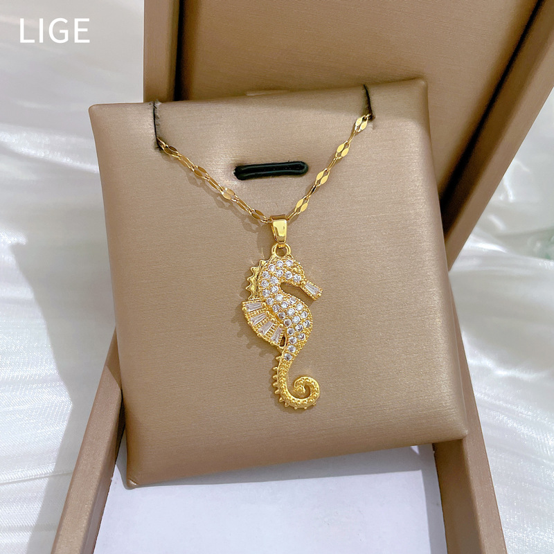 【 Titanium Steel 】 Little Seahorse animal, light luxury, elegant, full diamond necklace, versatile for women, collarbone chain, titanium steel chain Specification drawing