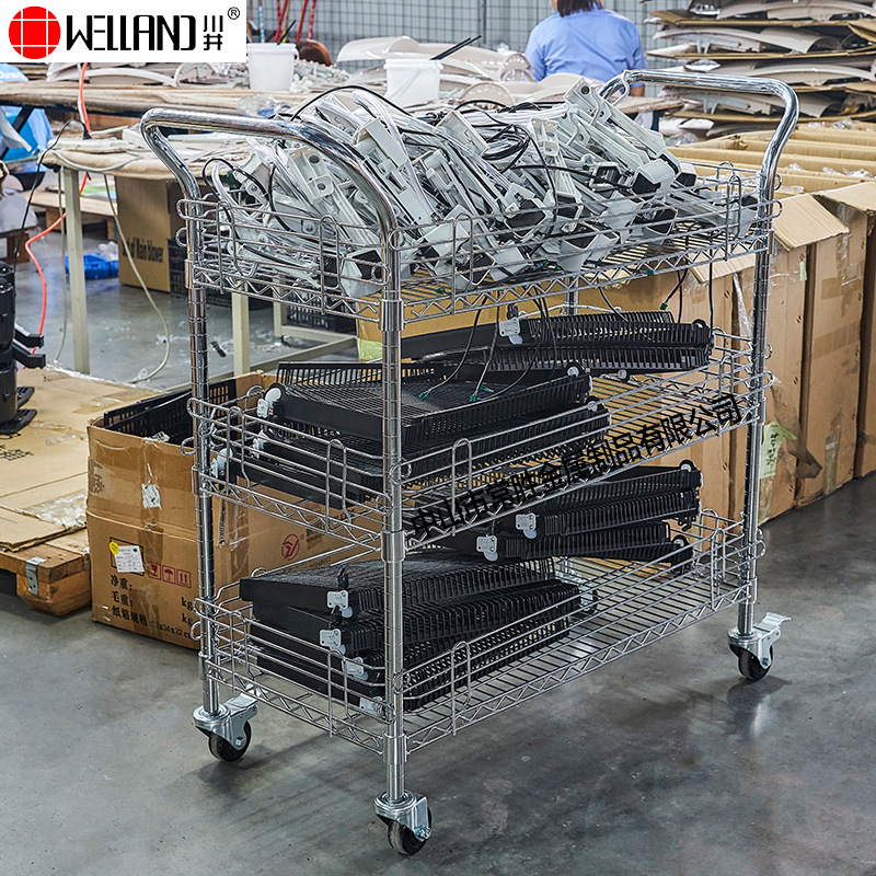 Warehouse tool and material storage racks, turnover carts, three-layer logistics trolleys, anti-static cargo wire mesh, chrome-plated trolleys Specification drawing