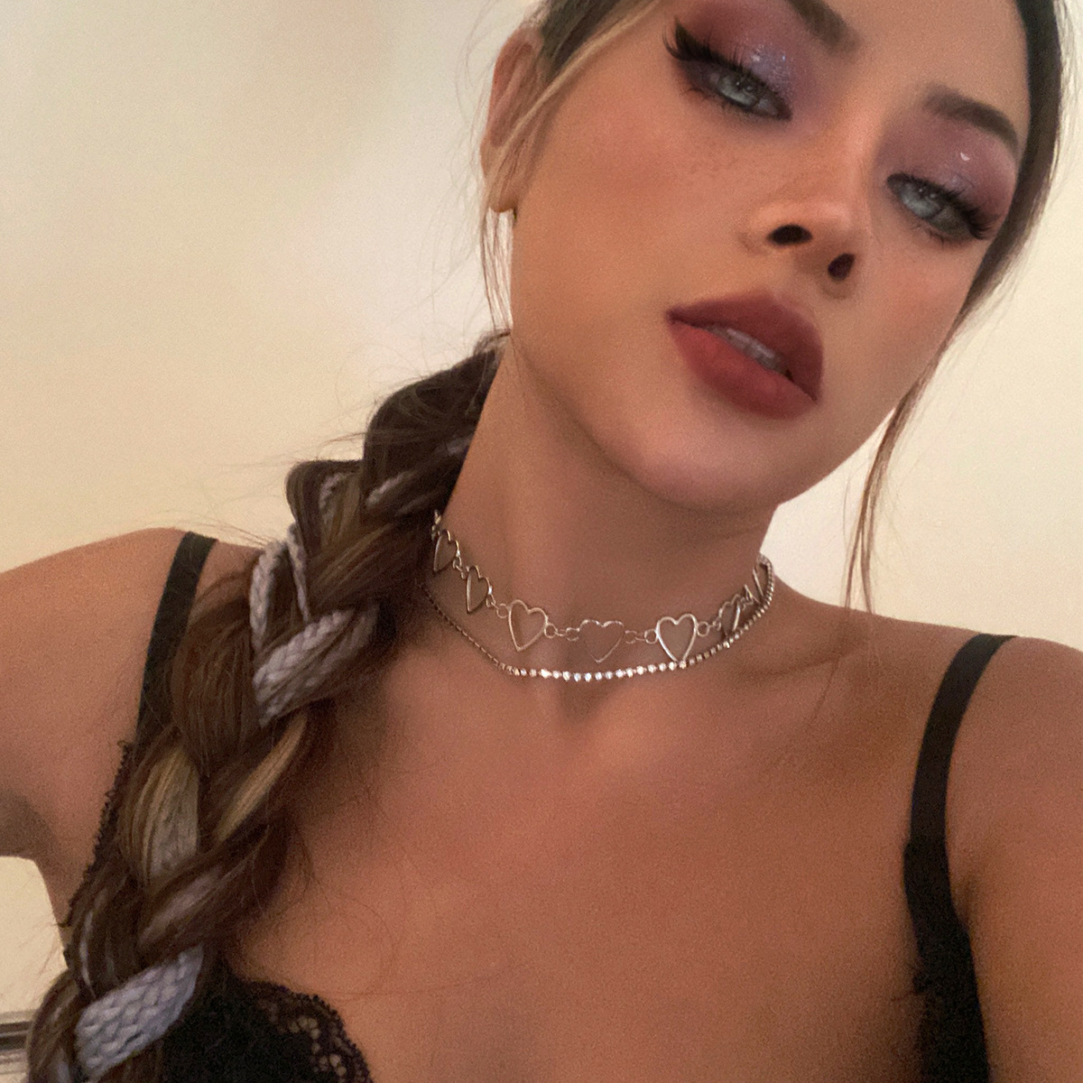European and American cross-border jewelry, Xin heart-shaped hollowed-out necklaces, multi-layer necklaces, punk small butterfly imitation pearl necklaces for women full figure