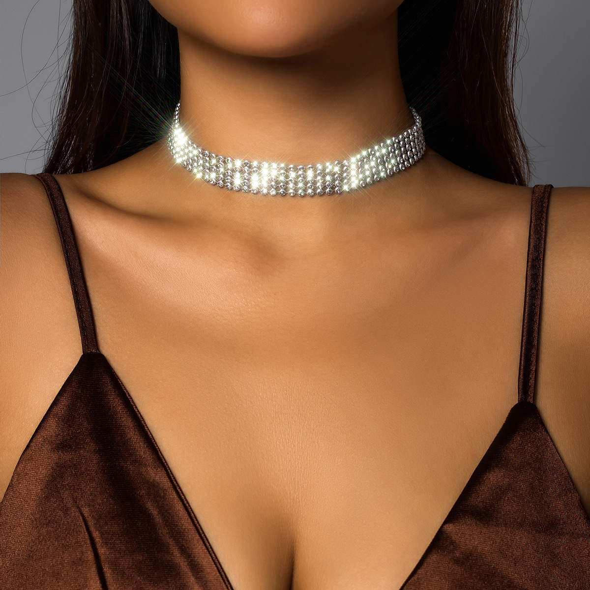 European and American cross-border jewelry, exaggerated wide version full diamond choker, sparkling diamond necklace, fashionable show, personalized necklace for women details Picture