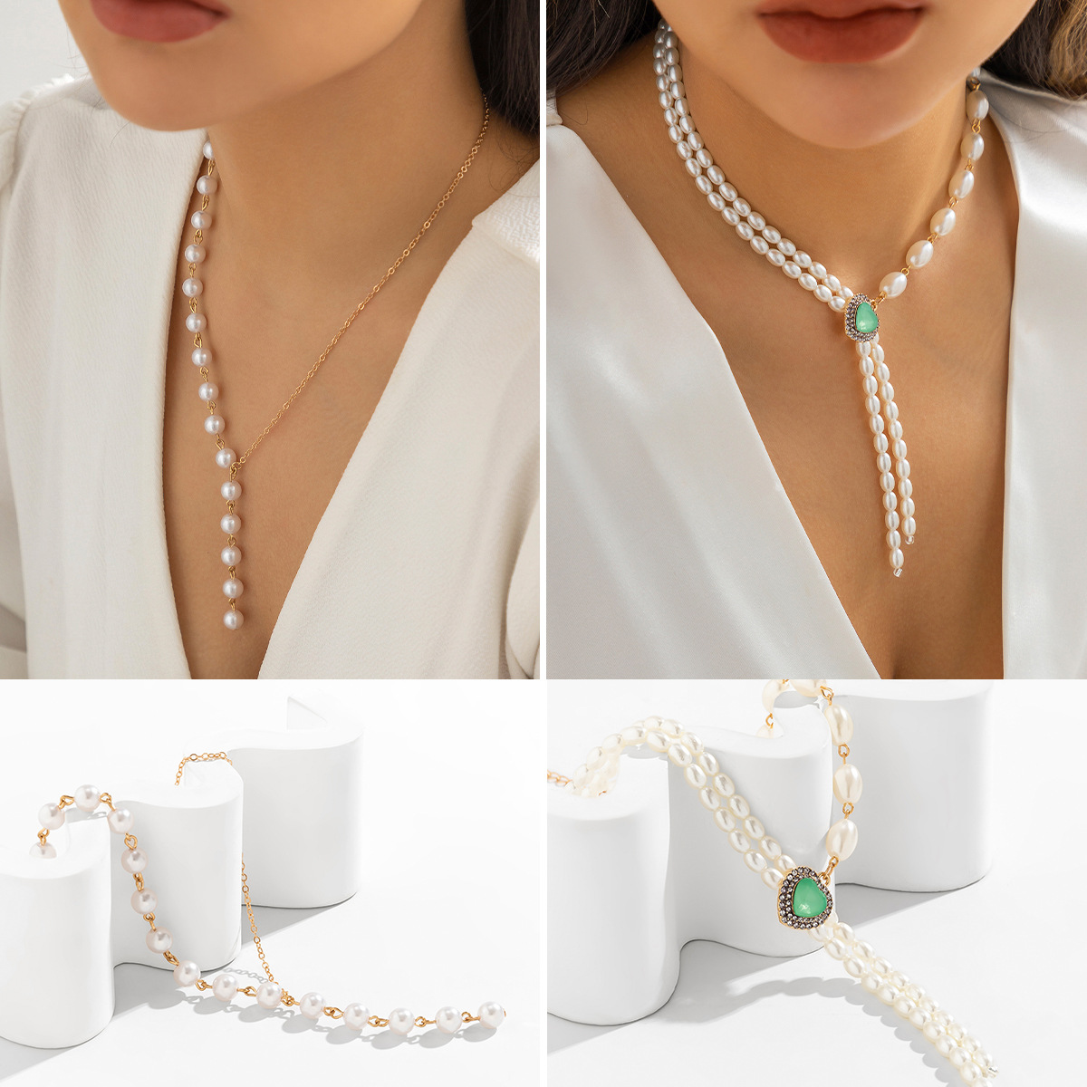 European and American cross-border jewelry, retro and asymmetrical imitation pearl tassel necklace, versatile and beloved micro-inlay necklace for women full figure