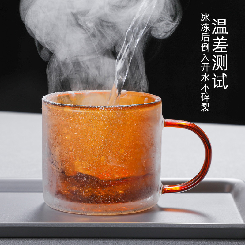 Colorful double-layered glass cup, fresh coffee milk breakfast cup with handle, juice glass water cup, 260ml cup details Picture