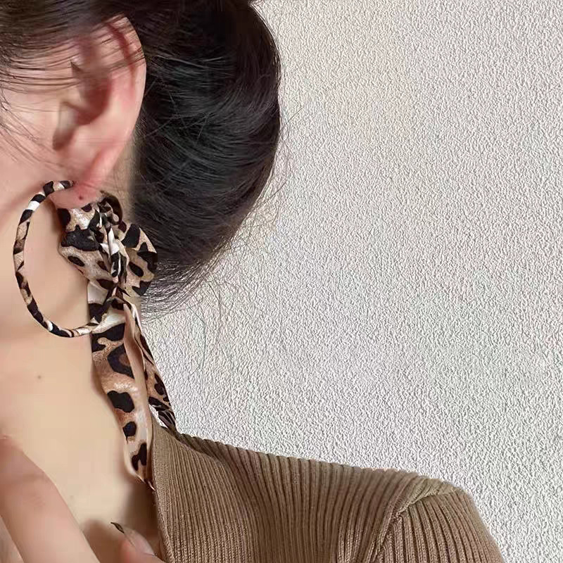 Autumn leopard print ribbon, bow, tassel, large circle ear earrings, light luxury and high-end style, quality circle earrings, stud earrings full figure
