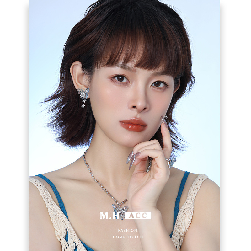 Original design blue butterfly series sweet and cool niche design necklace, fashionable and versatile, high-end earrings ring for women Specification drawing