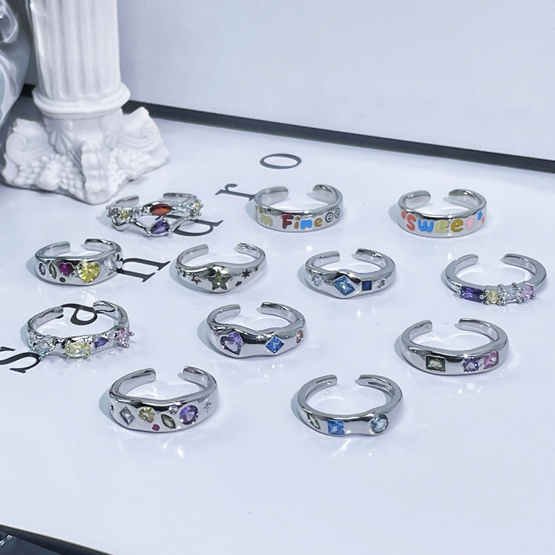 Sweet and cool, light luxury, high-end color diamond open ring for women on Instagram, cold style, hot girl, fashionable and versatile, elegant index finger ring details Picture