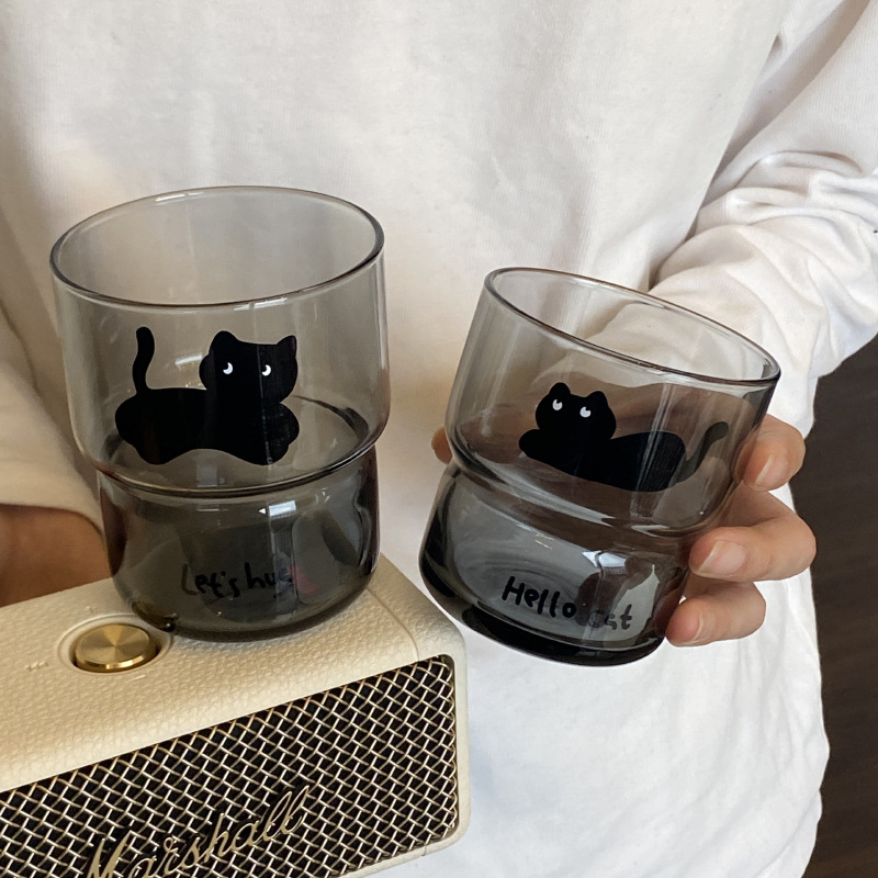 A unique homemade black cat tempered glass cup, a high-temperature resistant water cup gift from Korean Instagram, and a stackable cold drink cup Item Picture