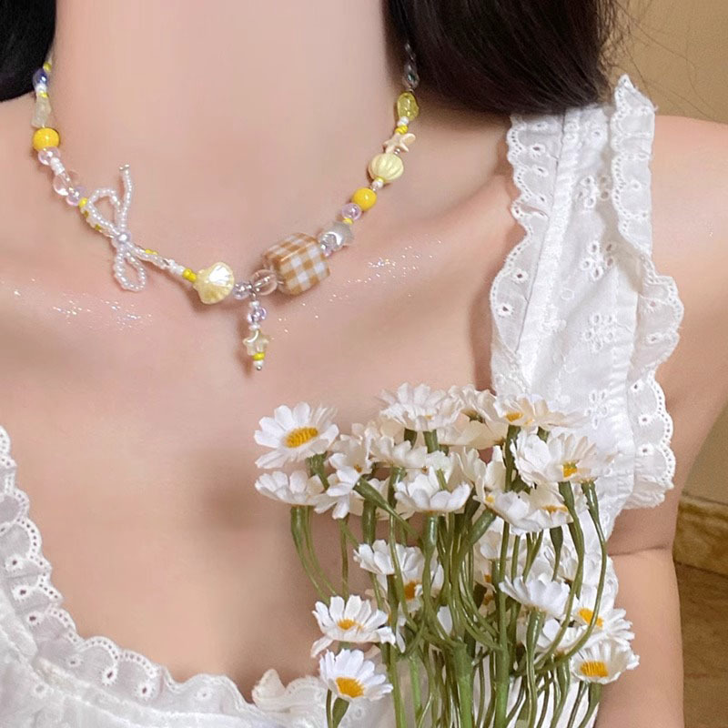 Yellow bow star-shaped collarbone chain, cute and childlike beaded necklace, light luxury, versatile and niche necklace Specification drawing