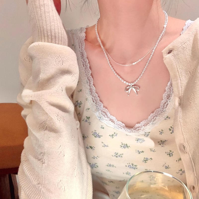 Bow pearl double-layer necklace 2024, a light luxury and niche necklace accessory with a collarbone chain feel for women Specification drawing